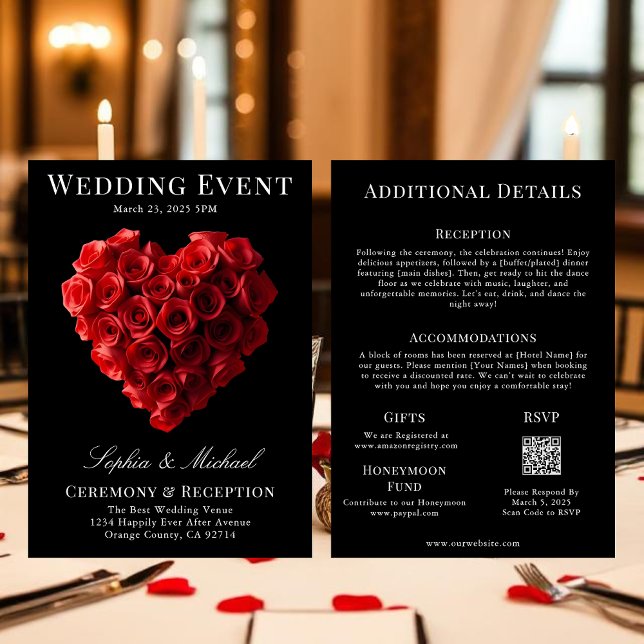 Wedding Magazine Cover All in One Invitation (Wedding Invitation Red Roses in the Shape of a Heart- Black White and Red)