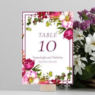 Wedding Magenta Pink Coral Floral Table Number