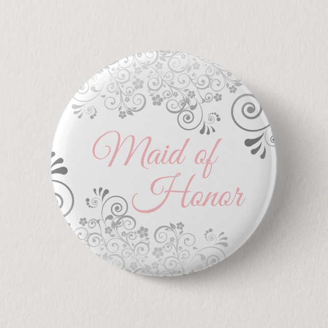 Wedding Maid of Honour Button Pink & Grey (Front)
