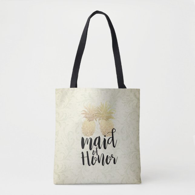 Wedding Maid of Honour Modern Gold Pineapple Coupl Tote Bag (Front)