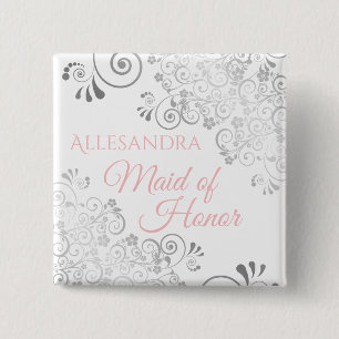 Wedding Maid of Honour Name Tag Pink & Grey 15 Cm Square Badge