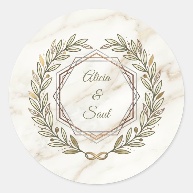 Wedding Marble and Laurel Classic Round Sticker (Front)