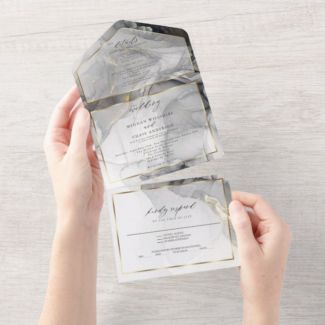 Wedding Marble Black Gold Alcohol Ink All In One I Invitation (Tearaway)