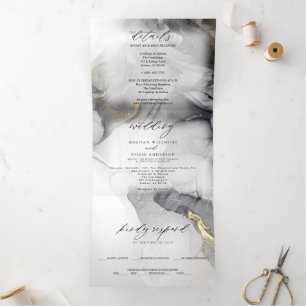 Wedding Marble Black Gold Alcohol Ink  Tri-Fold  Invitation