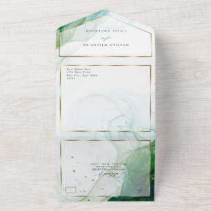 Wedding Marble Kelly Green Teal Alcohol Ink  All In One Invitation