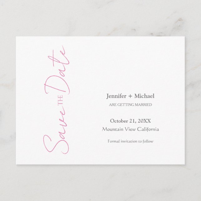 Wedding Marriage Minimalist Calligraphy Pink White Announcement Postcard (Front)