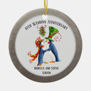 Wedding Married Couple Anniversary Penguin Silver Ceramic Ornament
