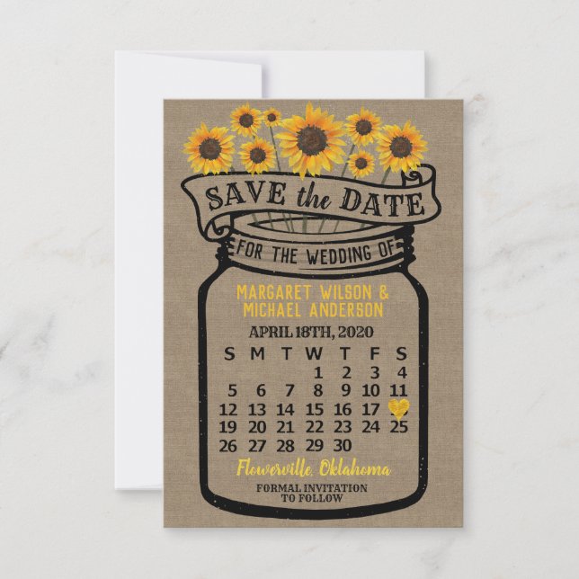 Wedding Mason Jar Sunflowers April 2020 Calendar Save The Date (Front)