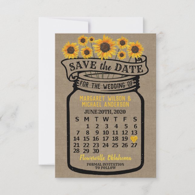 Wedding Mason Jar Sunflowers June 2020 Calendar Save The Date (Front)