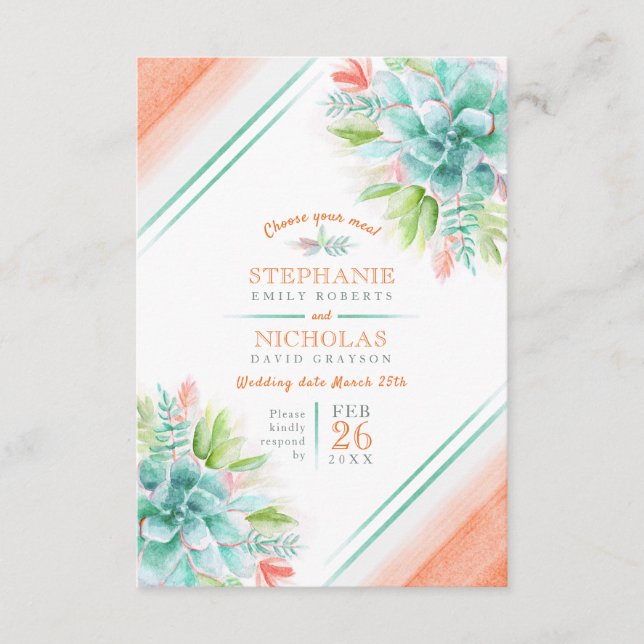 Wedding meal choice succulent orange green wedding enclosure card (Front)