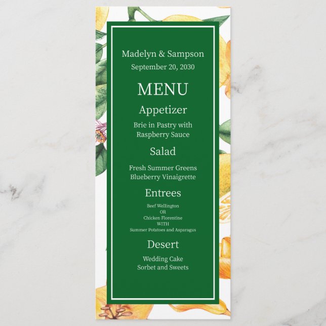 Wedding Mediterranean Italy Greece Lemon Flat Menu (Front)