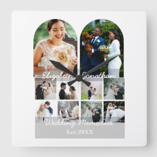 Wedding Memories 10 Photo Collage Couple Template Square Wall Clock