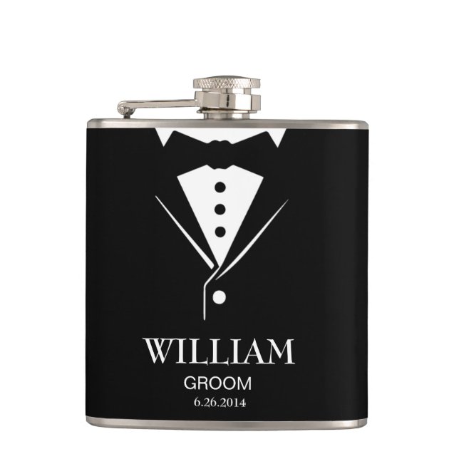 Wedding Mens Groom and Groomsmen Tuxedo Hip Flask (Front)