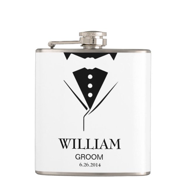 Wedding Mens Groom Groomsmen Tuxedo Black & White Hip Flask (Front)