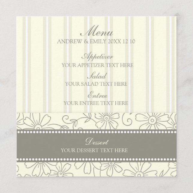 Wedding Menu Beige Floral and Stripes (Front)