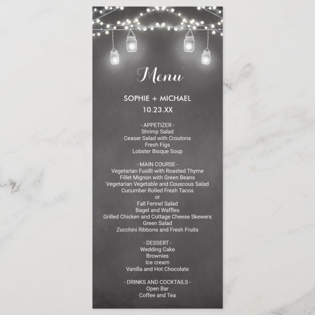 Wedding Menu Black White String Lights (Front)