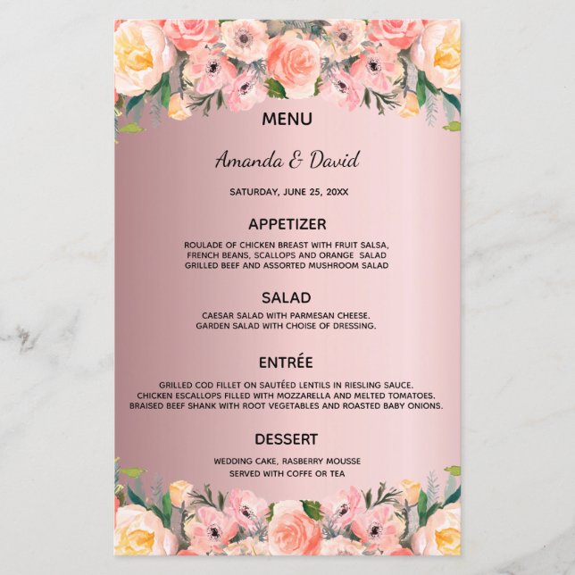 Wedding Menu blush pink florals dusty rose  (Front)