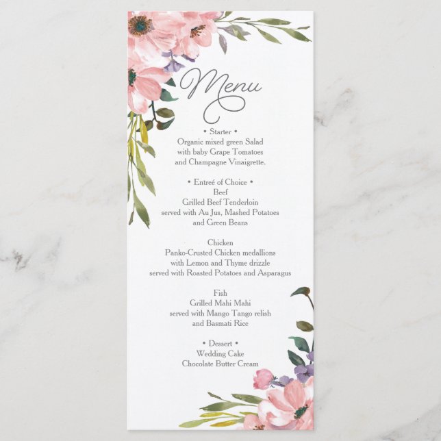 Wedding Menu  - Bridal Shower Menu Tea Rose (Front)