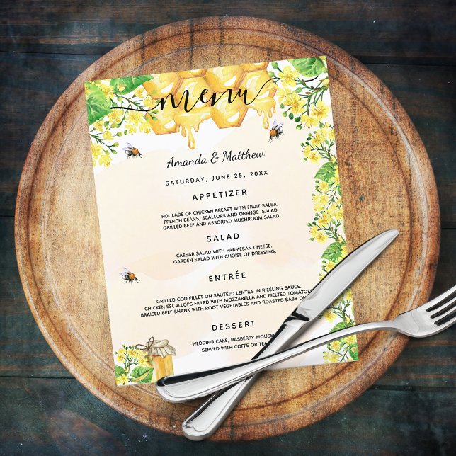 Wedding Menu bumble bees honeycomb florals (Creator Uploaded)