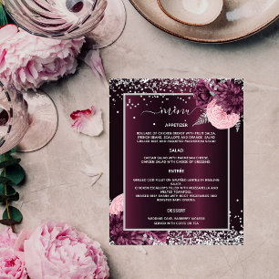 Wedding Menu burgundy silver flowers