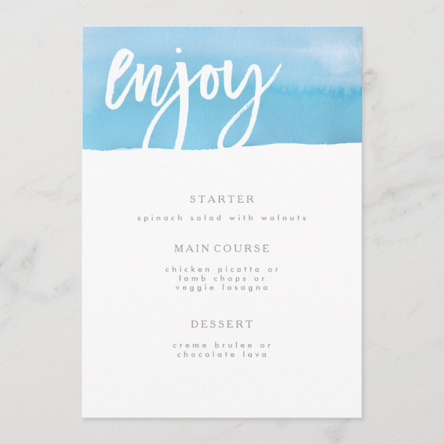 Wedding Menu Card, Blue Watercolor (Front)