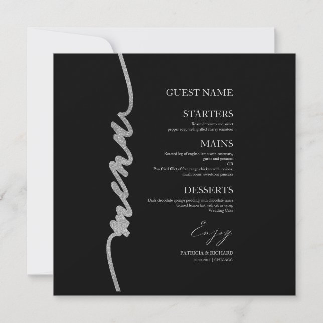 Wedding Menu Card Faux Glitter Silver Black  (Front)