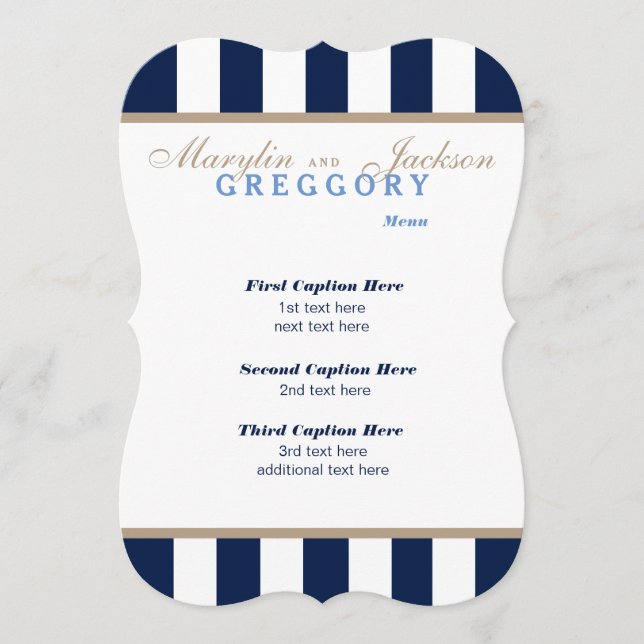 Wedding Menu Card in Navy & White Stripe (Front)