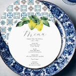 Wedding Menu Card Lemon and Amalfi Tile<br><div class="desc">This wedding menu card features a top boarder of watercolor lemons and botanicals. The card reverses to a Amalfi tile pattern. Use the template fields to DIY your personalised details. The elegant round design is a charming choice for Italy destination weddings. To see more custom Italian wedding dinner menus and...</div>