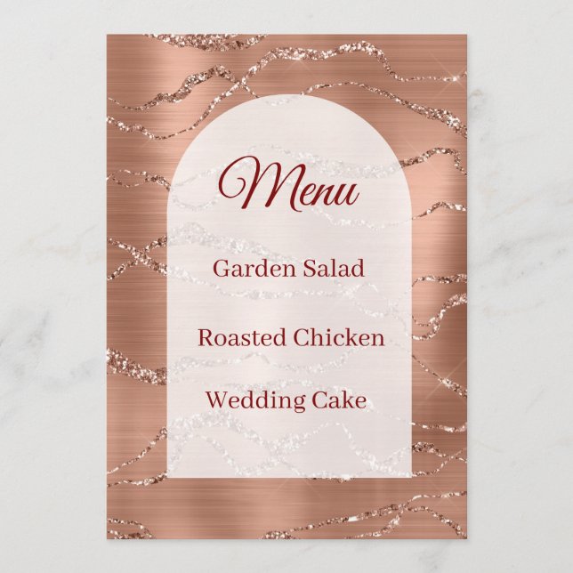 Wedding Menu Card Rose Gold Glitter White Arch  (Front)