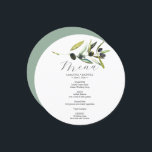 Wedding Menu Card Watercolor Olive Branch<br><div class="desc">This wedding menu card features a top boarder of a watercolor watercolor olive branch. The card reverses to reveal matching sage green. Use the template fields to DIY your personalised details. The rustic round design is a charming choice for rustic, garden and boho wedding themes. To see more custom wedding...</div>