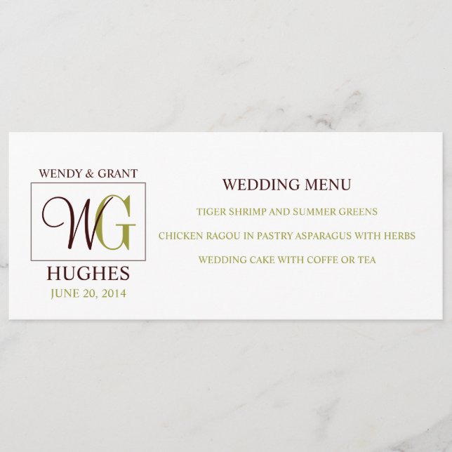Wedding Menu Card with Custom Monogram Logo (Front)