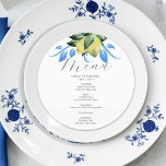Wedding Menu Cards Blue and Yellow Lemons<br><div class="desc">These printed wedding menu cards feature a blue and yellow lemon and botanical design. The card reverses to a complimentary blue colour. Use the template fields to DIY your personalised details. The elegant round design is a charming choice for Mediterranean, rustic and garden weddings. Order a sample or order in...</div>
