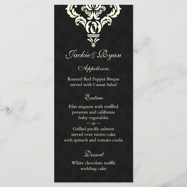 Wedding Menu Cards Formal Black Cream Suede (Front)