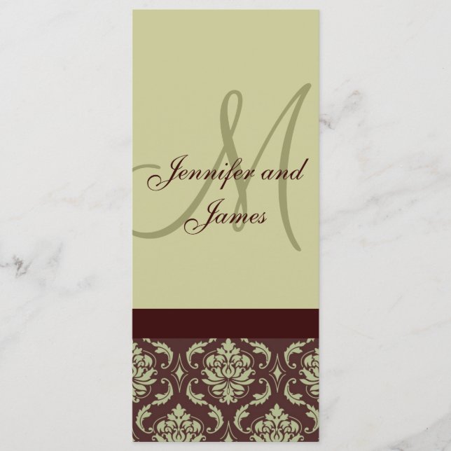 Wedding Menu Cards Monogram Taupe Brown Damask (Front)