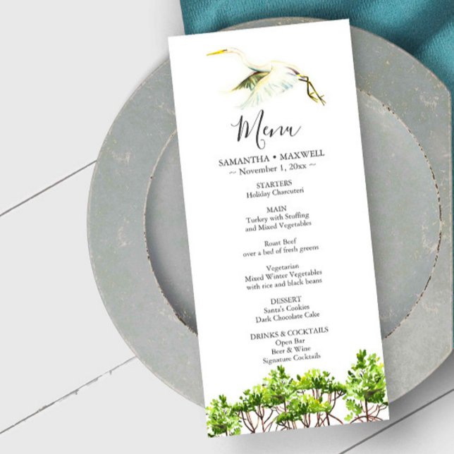Wedding Menu Cards Watercolor White Heron (destination weddings Florida menu cards watercolor mangroves and great white heron Do Tell A Belle)