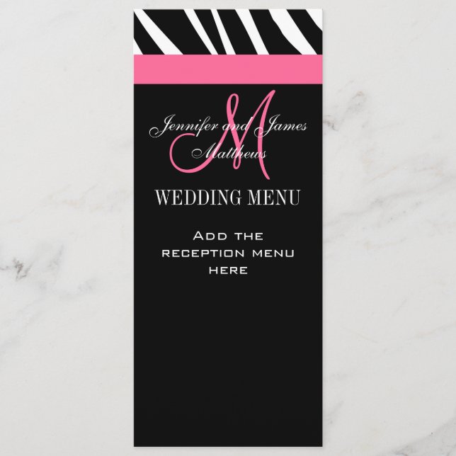 Wedding Menu Cards Zebra Monogram Pink (Front)