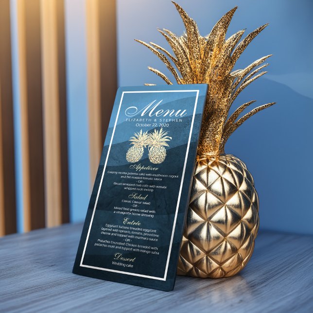 Wedding Menu Chic Gold Pineapple Couple Navy Blue (Creator Uploaded)