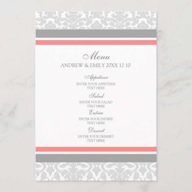 Wedding Menu Coral Grey Floral Damask (Front)