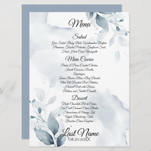 Wedding Menu | Custom 1 Dusty Blue Botanical Menu (Front/Back)