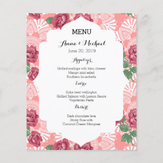 Wedding Menu Delicate Country Chic Rose & Lace