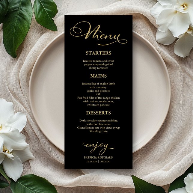 Wedding Menu Elegant Black Gold Faux Foil Script (Creator Uploaded)