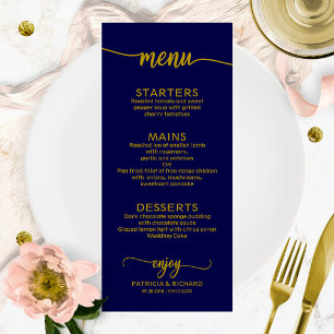 Wedding Menu Elegant Calligraphy Gold Navy Blue