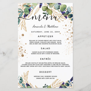 Wedding Menu eucalyptus greenery gold glitter