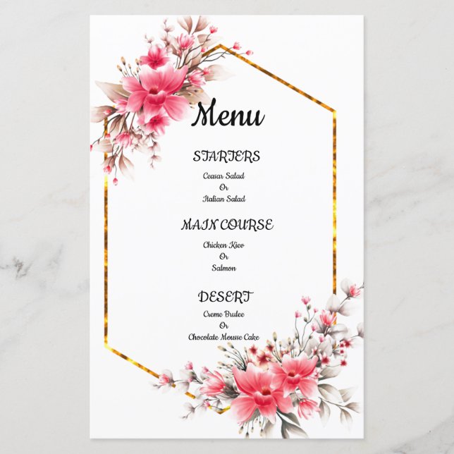 wedding menu, floral wedding menu (Front)