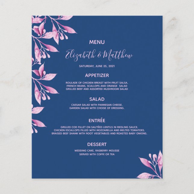 Wedding Menu florals blue pink (Front)