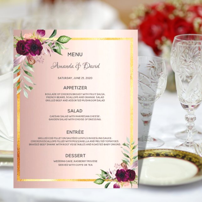 Wedding Menu florals burgundy rose gold elegant (Creator Uploaded)