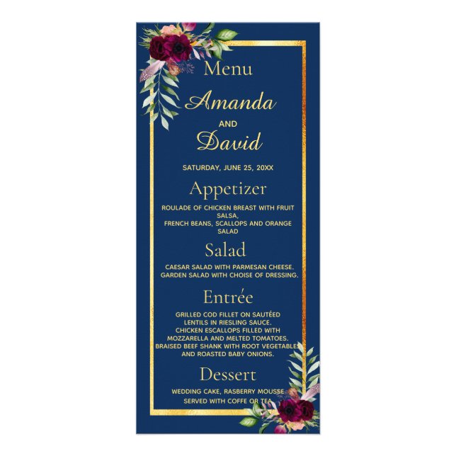 Wedding Menu florals navy blue burgundy (Front)
