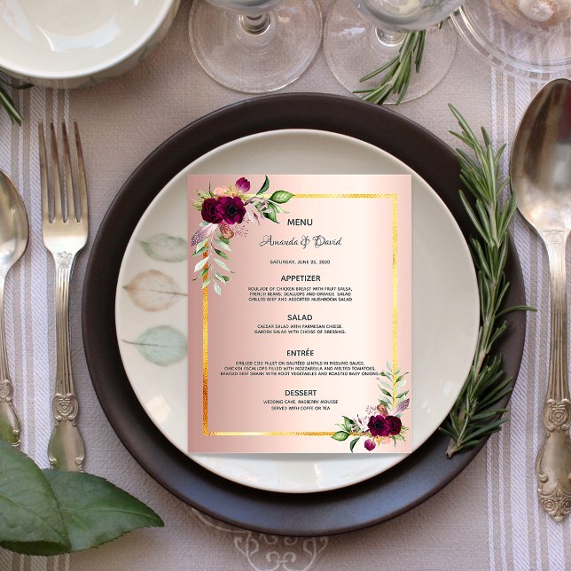 Wedding Menu florals rose gold burgundy budget (Creator Uploaded)