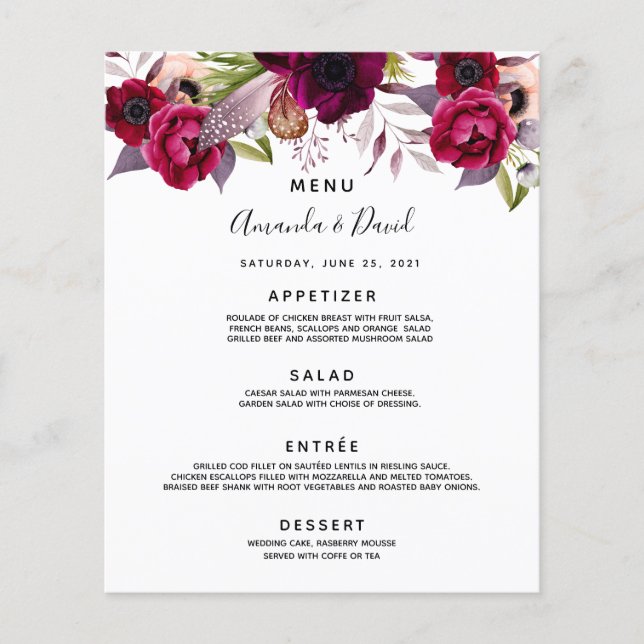Wedding Menu florals white burgundy cassis purple (Front)