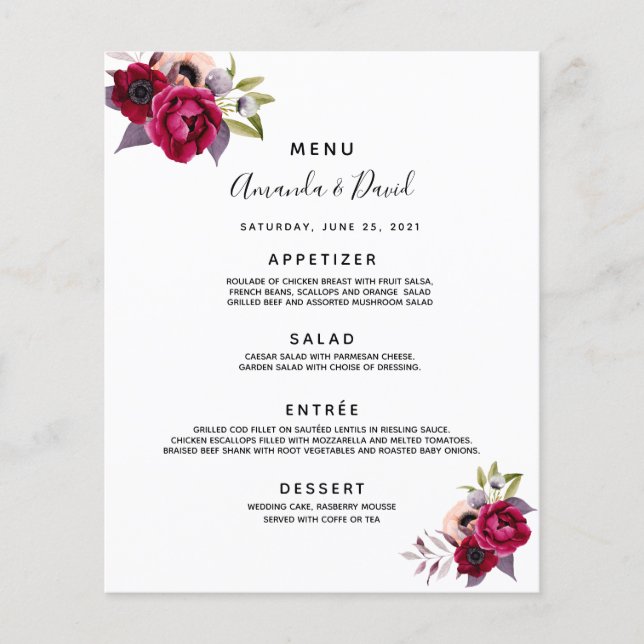 Wedding Menu florals white burgundy cassis purple (Front)
